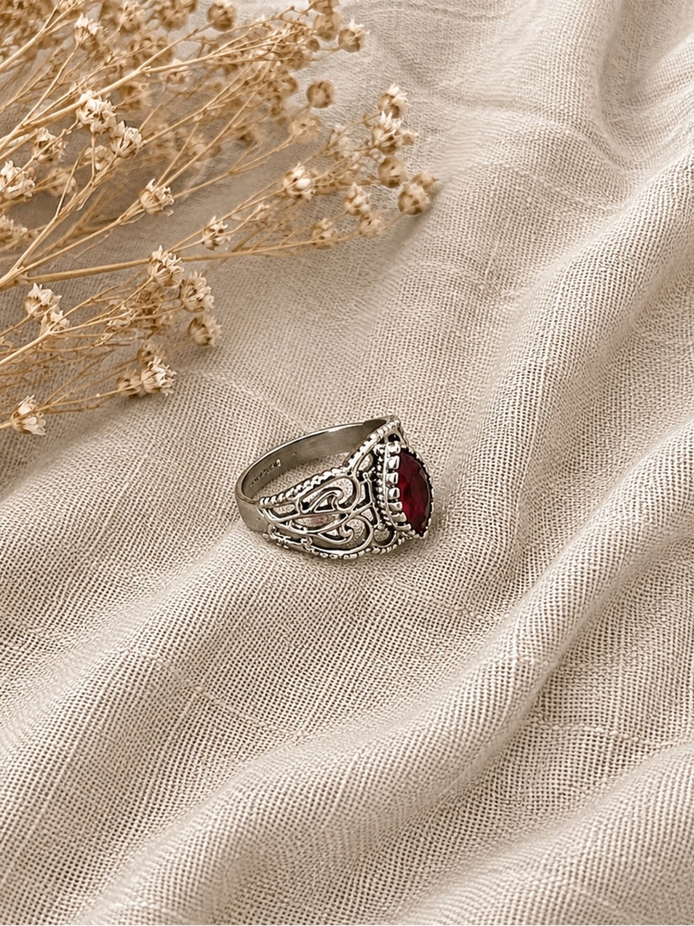 Vintage ESPO 14K GE Filigree Ring Red Garnet Ruby Style Stone Size 7 - Picture 3 of 5